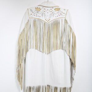 Vintage White Leather Fringe Jacket with Floral Applique and Rhinestones